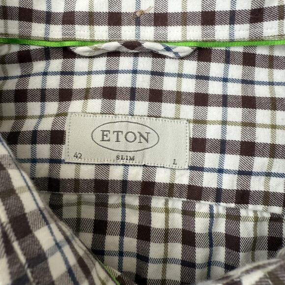 Eton Shirt Mens 16.5 42 Slim Brown Green Check Plaid Button Down Long Sleeve - Picture 3 of 12